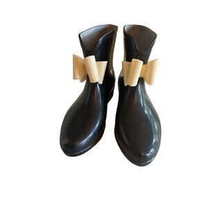 Womens Black PVC Ankle Rain Boots With Decorative White Bow Size 7‎ EUR 38
